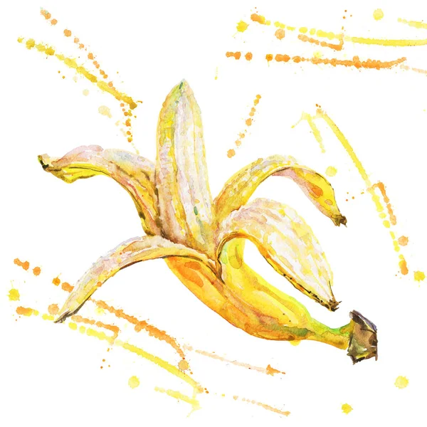 Hand Getekende Banaan Met Spatten Aquarel Vers Fruit Witte Achtergrond — Stockfoto