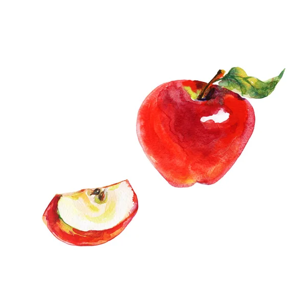 Handgezogener Apfel Mit Scheibe Aquarell Frisches Obst Auf Weißem Hintergrund — Stockfoto