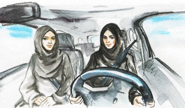 El bir araba Arap kadını sürücüsü çekilmiş. Modern ve ücretsiz Müslüman bayanlar suluboya portre. Feminist illüstrasyon çizimi