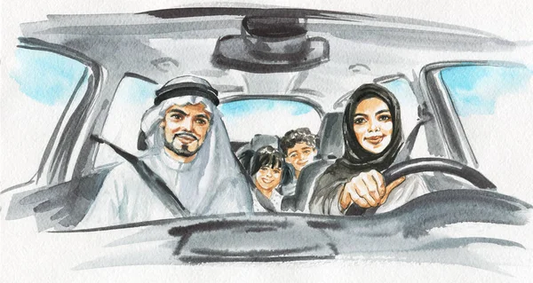Mujer Árabe Dibujada Mano Conducir Coche Retrato Acuarela Dama Musulmana —  Fotos de Stock