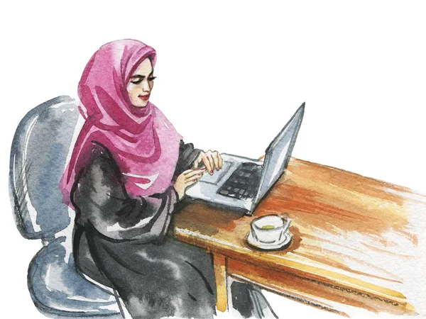 Арабианка Работающая Ноутбуке Акварельный Портрет Современной Свободной Мусульманки Эскизы Феминистской — стоковое фото