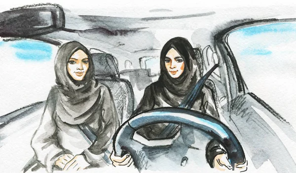 Hand drawn arabian woman drive a car. Watercolor portrait of modern and free muslim ladies. Sketching feminist illustration