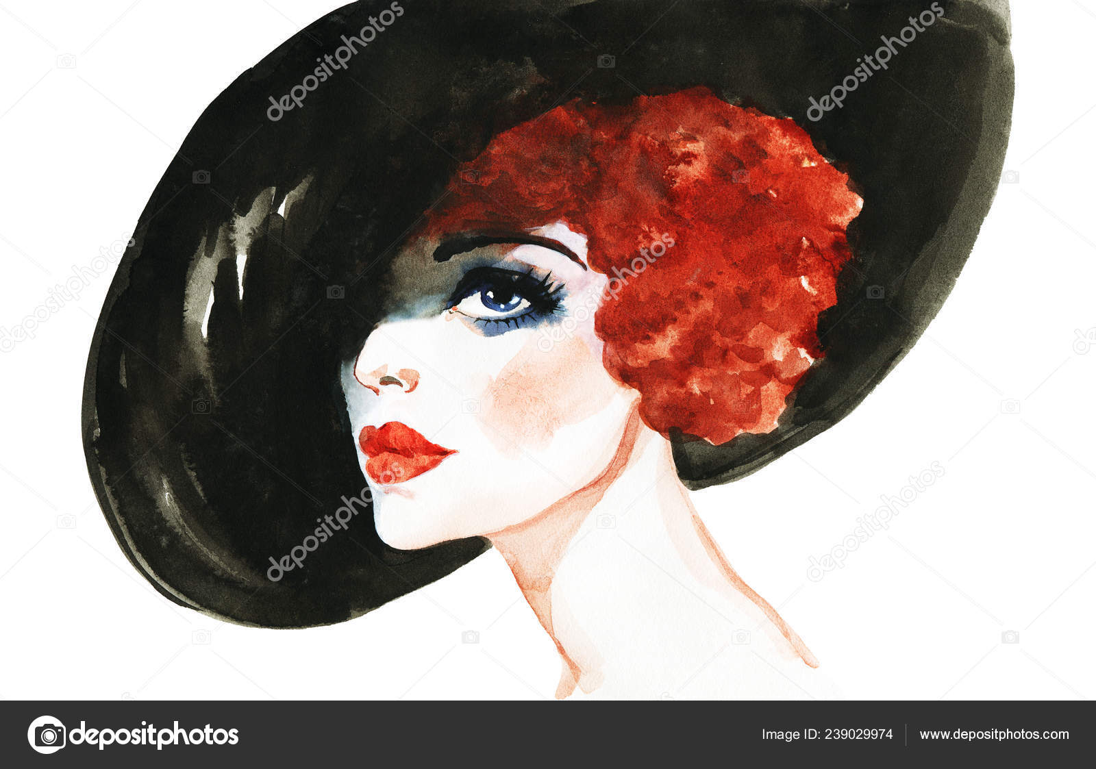 Watercolor Red Head Lady Hat Drawn Portrait Woman Painting Stock by ©Cincinart #239029974