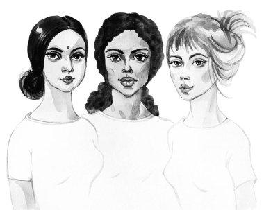 Afrika, Hint ve Avrupa Genç kadın sulu boya portresi. Resim moda ve feminist illüstrasyon. El güzel Uluslararası Bayanlar beyaz zemin üzerine çekilmiş.