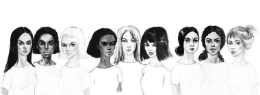 Asya, Hindistan, Afrika ve Avrupa Genç kadın sulu boya portresi. Resim moda ve feminist illüstrasyon. El güzel Uluslararası kızlar beyaz zemin üzerine çekilmiş.