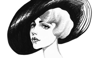 Şapkalı kadın çizimi. Elle çizilmiş vintage portresi Bayan. Moda resimde beyaz arka plan üzerinde boyama