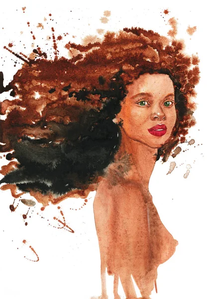 Aquarela Beleza Mulher Africana Pintura Ilustração Moda Com Salpicos Retrato — Fotografia de Stock