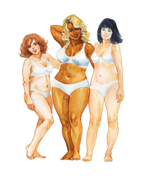 Grupo Pintura Mulheres Internacionais Watercolor Corpo Ilustração Positiva Mão Desenhada — Fotografia de Stock