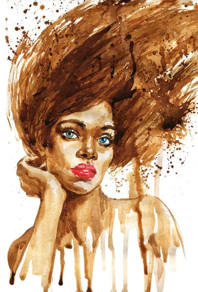 Aquarela Beleza Mulher Africana Pintura Ilustração Moda Com Salpicos Retrato — Fotografia de Stock