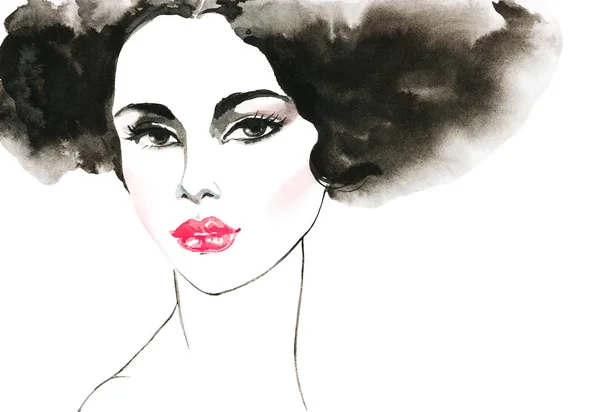 Watercolor beauty young woman. Hand drawn portrait of lady with pink lips. Painting fashion illustration on white background