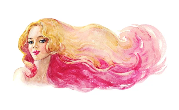 Красота Акварели Ручная Нарисованная Леди Светлыми Розовыми Волосами Рисунок Моды — стоковое фото
