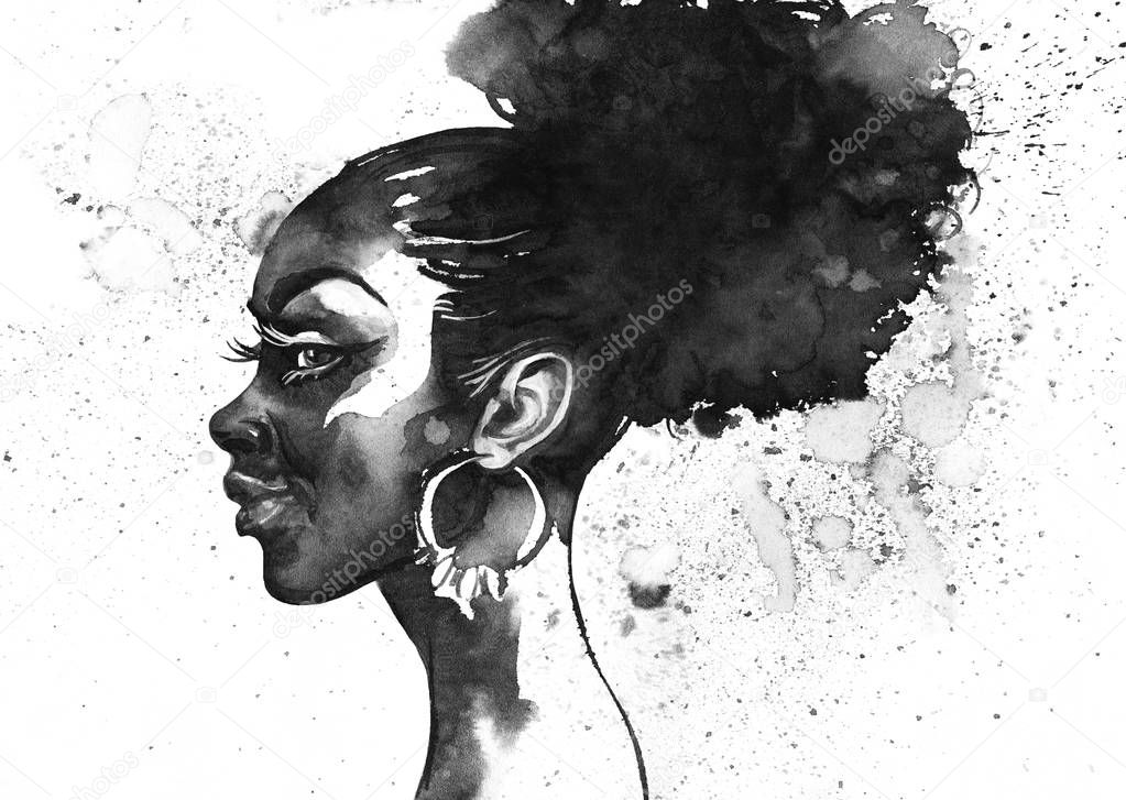 Watercolor beauty african woman. Painting black and white fashion illustration. Hand drawn portrait of pretty girl on white background