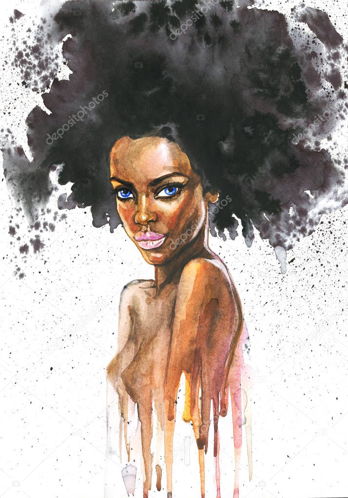 Watercolor beauty african woman. Painting fashion illustration. Hand drawn portrait of pretty curly girl on white background