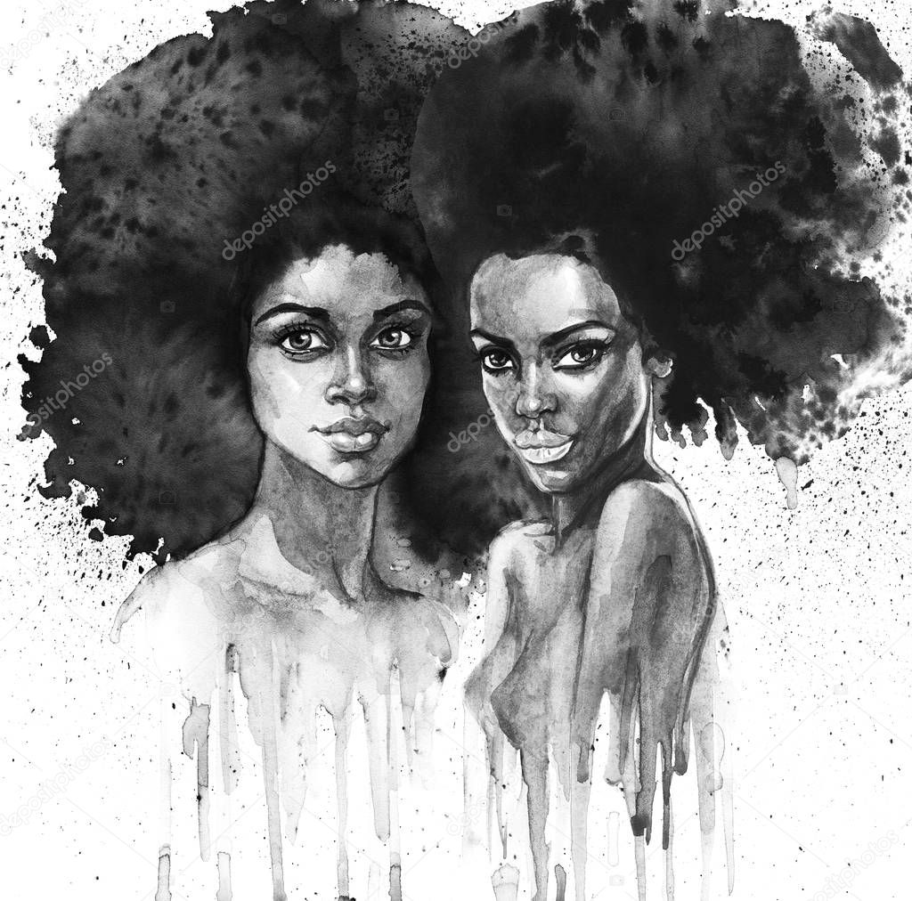 Watercolor beauty african women. Painting monochrome fashion illustration with splashes. Hand drawn portrait of pretty ladies on white background