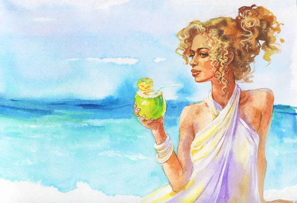 Painting portrait of blonde young woman. Watercolor pretty girl with coconut cocktail on the beach. Hand drawn luxary lifestyle illustration