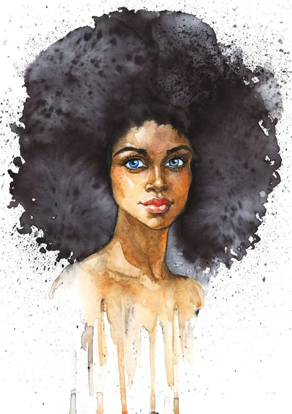 Aquarell Schönheit Afrikanische Frau Malerei Mode Illustration Handgezeichnetes Porträt Eines — Stockfoto