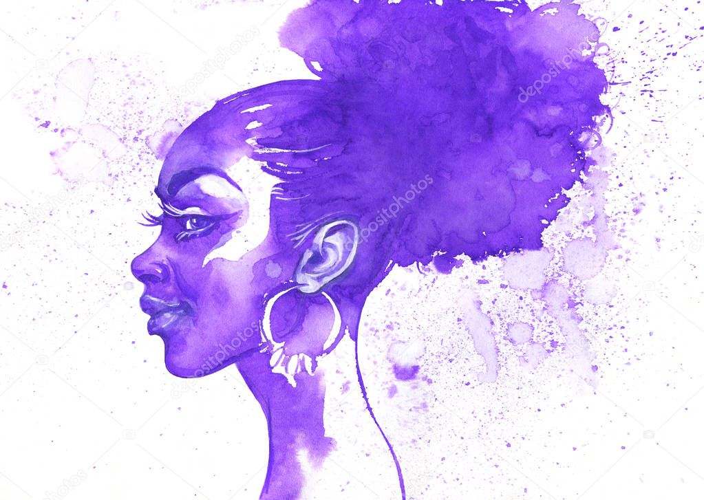 Watercolor beauty african woman. Painting monochrome fashion illustration. Hand drawn portrait of pretty girl on white background