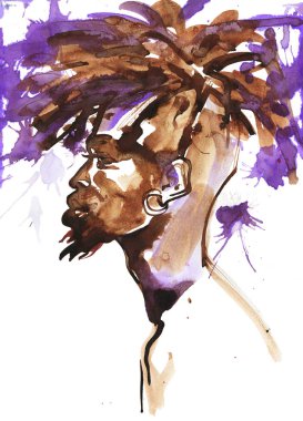 Suluboya Afrika yakışıklı. Resim moda illüstrasyon. El genç adam beyaz zemin fışkırmaları üzerine çizilmiş portresi