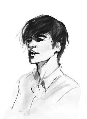 Suluboya Asya yakışıklı. Resim moda illüstrasyon. Beyaz arka plan üzerinde şık adam el çizilmiş portresi