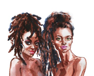 Suluboya güzel Afrikalı kadınlar. Moda çizimi. Beyaz arka planda güzel kızların el yapımı portresi