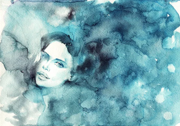 水彩美女的女人的肖像 手绘抽象时尚例证 用飞溅的水花画漂亮女士的脸 — 图库照片