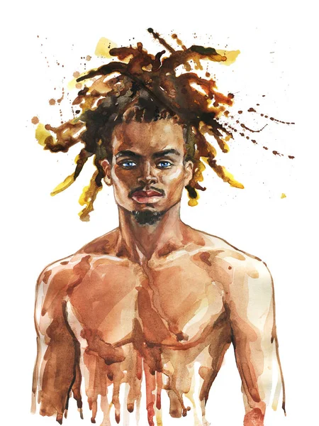 Suluboya Afrika yakışıklı. Resim moda illüstrasyon. El kas seksi adam portresi beyaz zemin üzerine çekilmiş.