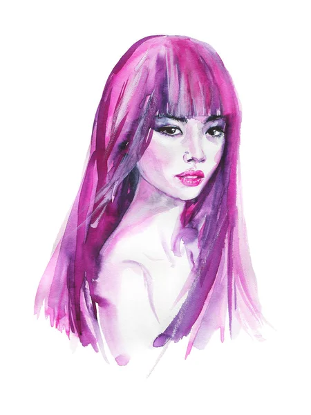 Akvarelu Asiatka Mladá Žena Ručně Nakreslený Portrét Krásy Dívka Malování — Stock fotografie
