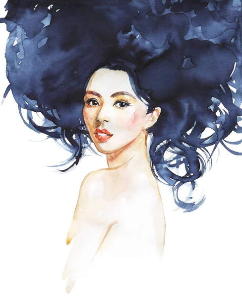 Akvarelu Asiatka Mladá Žena Ručně Nakreslený Portrét Krásy Dívka Malování — Stock fotografie