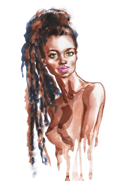 Sulu boya güzellik Afrikalı kadın. Resim moda illüstrasyon. Güzel kız beyaz arka plan üzerinde elle çizilmiş portresi