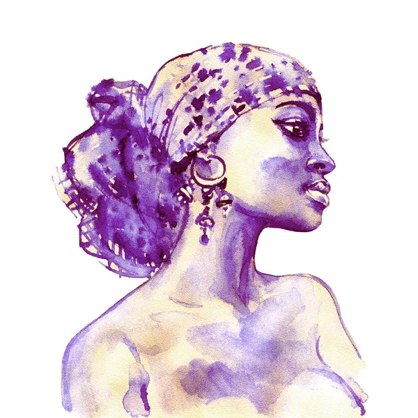 Aquarell Schönheit Afrikanische Frau Malerei Mode Illustration Handgezeichnetes Porträt Eines — Stockfoto