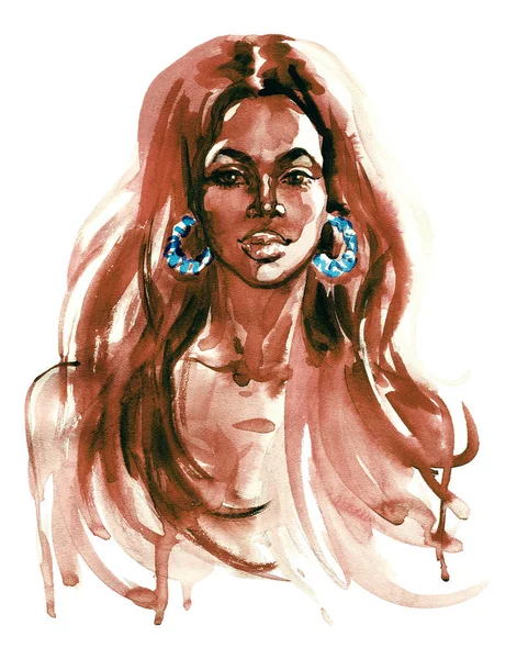 Kobieta Piękna Akwarela Latino Malarstwo Ilustracja Moda Piękny Portret Ładną — Zdjęcie stockowe