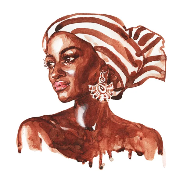 Sulu boya güzellik Afrikalı kadın. Resim moda illüstrasyon. Güzel kız beyaz arka plan üzerinde elle çizilmiş portresi