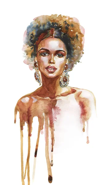 Красота Акварели Африканская Женщина Живопись Модной Иллюстрации Ручной Портрет Красивой — стоковое фото