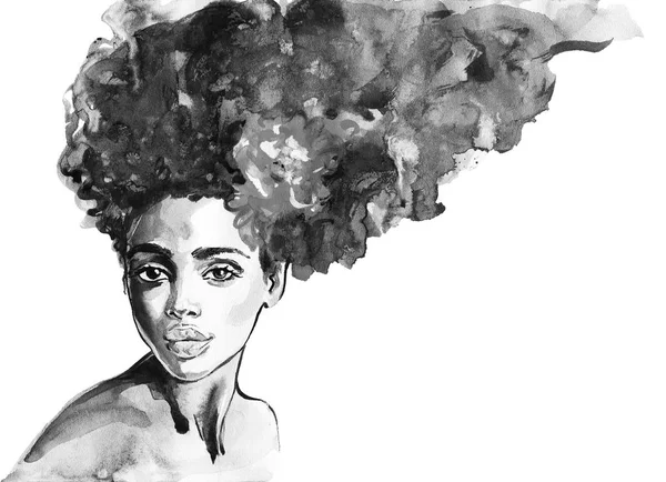 Sulu boya güzellik Afrikalı kadın. Resim moda illüstrasyon. Güzel kız beyaz arka plan üzerinde elle çizilmiş portresi