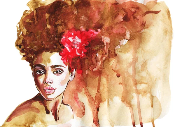 Aquarelle Beauté Femme Africaine Illustration Mode Peinture Portrait Dessiné Main — Photo
