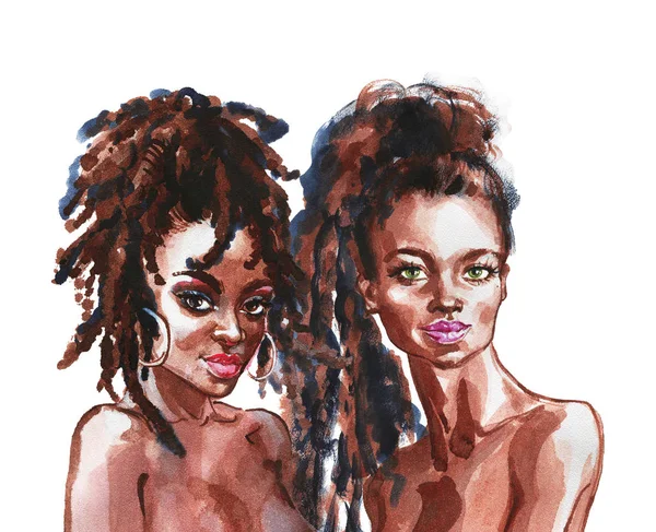 Suluboya güzel Afrikalı kadınlar. Moda çizimi. Beyaz arka planda güzel kızların el yapımı portresi