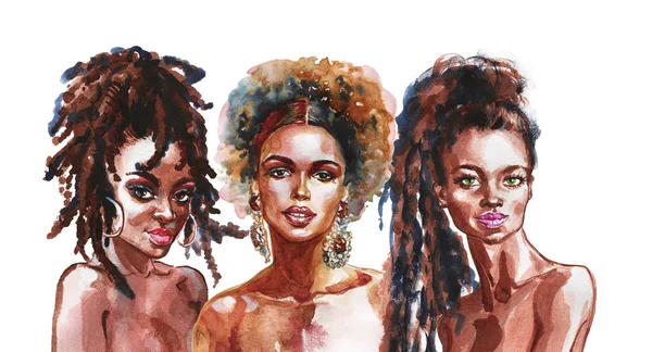 Suluboya güzel Afrikalı kadınlar. Moda çizimi. Beyaz arka planda güzel kızların el yapımı portresi