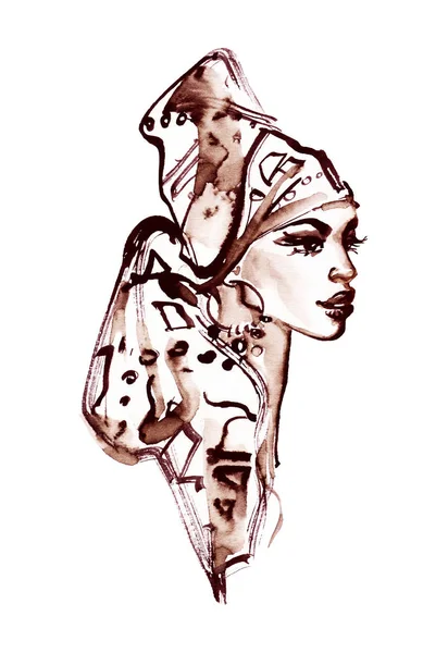 Aquarela Beleza Mulher Africana Com Turbante Pintura Ilustração Moda Retrato — Fotografia de Stock