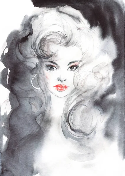 Aquarela Beleza Mulher Europeia Pintura Ilustração Moda Estilo Vintage Retrato — Fotografia de Stock