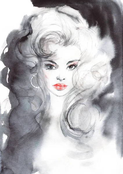 Watercolor beauty european woman. Painting fashion illustration in vintage style. Hand drawn portrait of pretty lady on white background