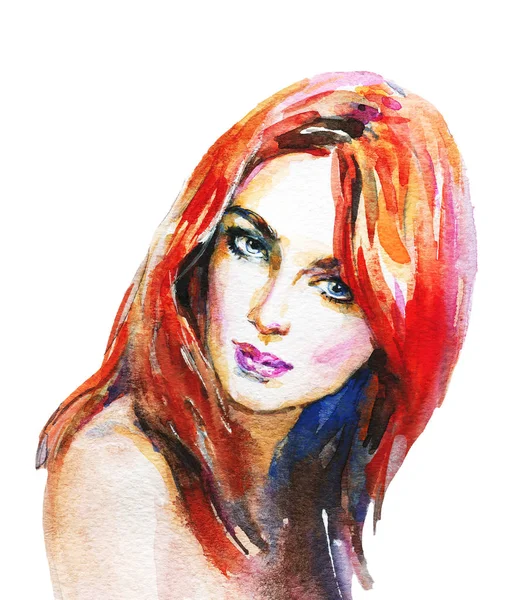 Mladá Žena Akvarel Krásy Ručně Nakreslený Portrét Zázvor Hlava Dívky — Stock fotografie
