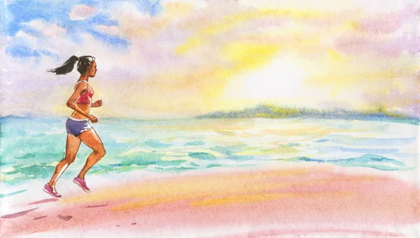水彩在海滩上跑年轻女子 手绘的女孩 绘画体育 健身例证 — 图库照片