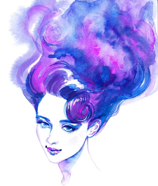 Aquarela Beleza Jovem Mulher Retrato Desenhado Mão Menina Com Cabelo — Fotografia de Stock