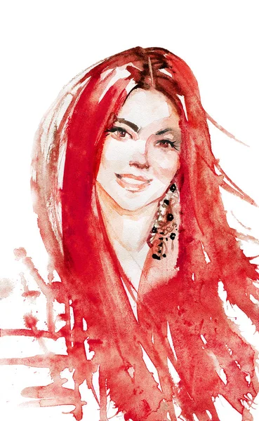 Akvarell Fiatal Vörös Fej Szépségét Kézzel Rajzolt Mosolygó Hölgy Portréja — Stock Fotó