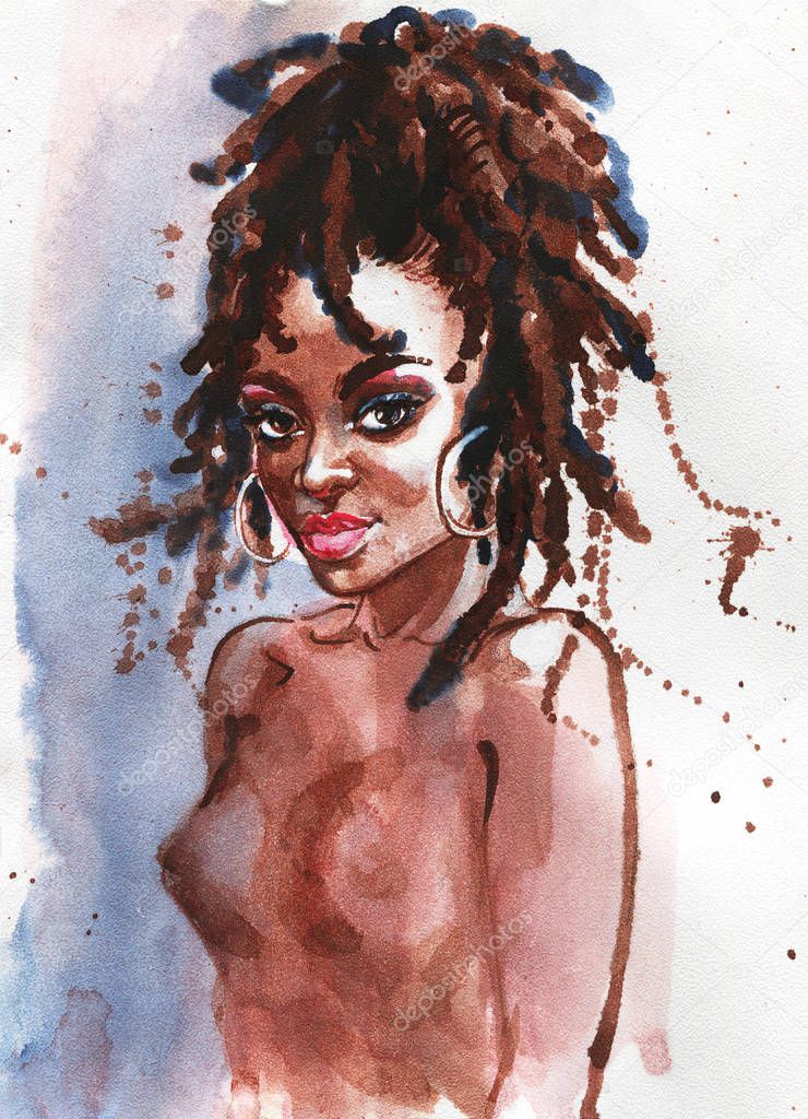 Watercolor beauty african woman. Painting fashion illustration. Hand drawn portrait of curly lady on white background