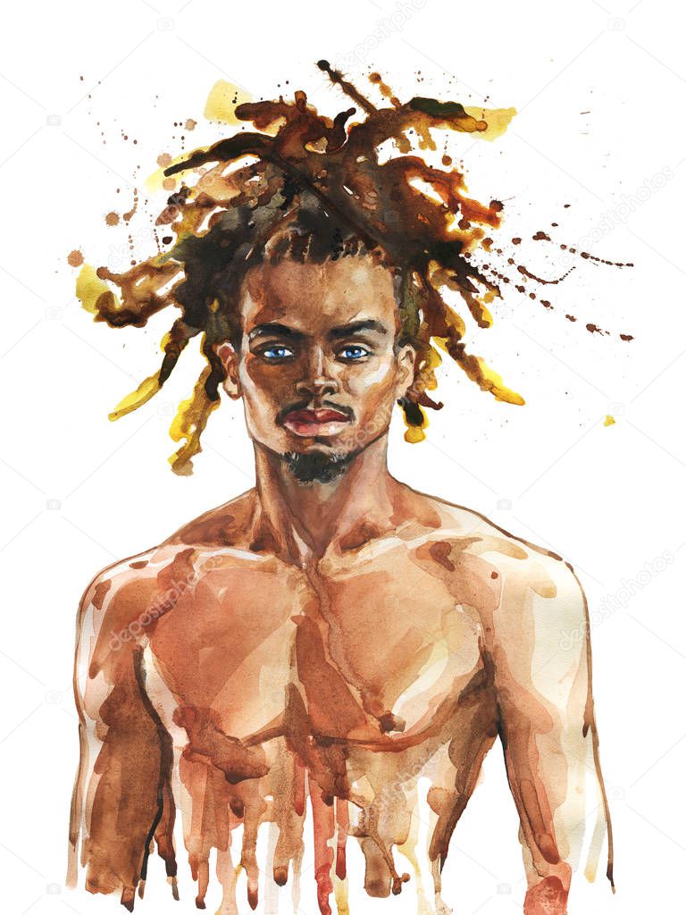 Watercolor handsome african man. Painting fashion illustration. Hand drawn portrait of muscular sexy guy on white background
