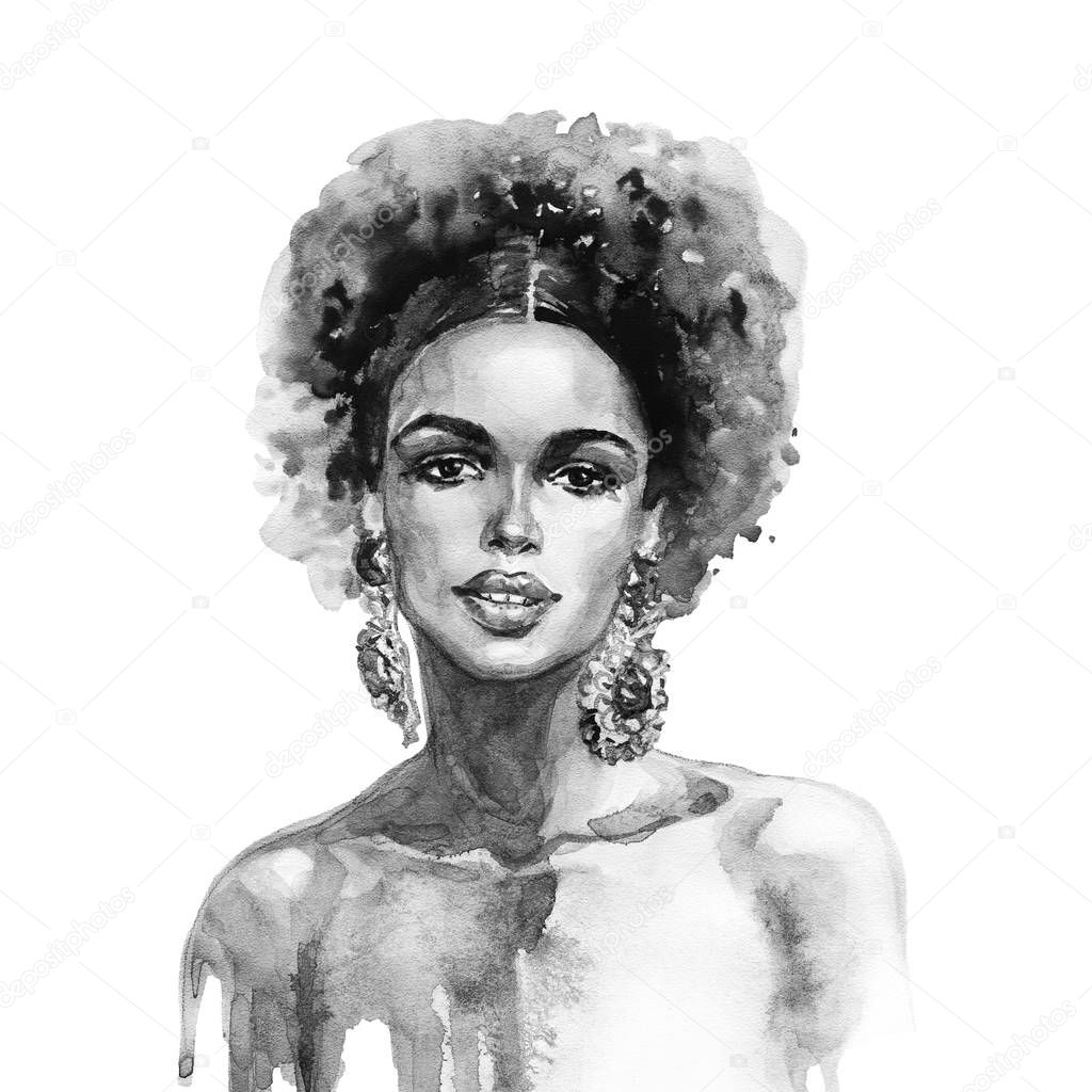 Watercolor beauty african woman. Painting fashion illustration. Hand drawn portrait of pretty girl on white background