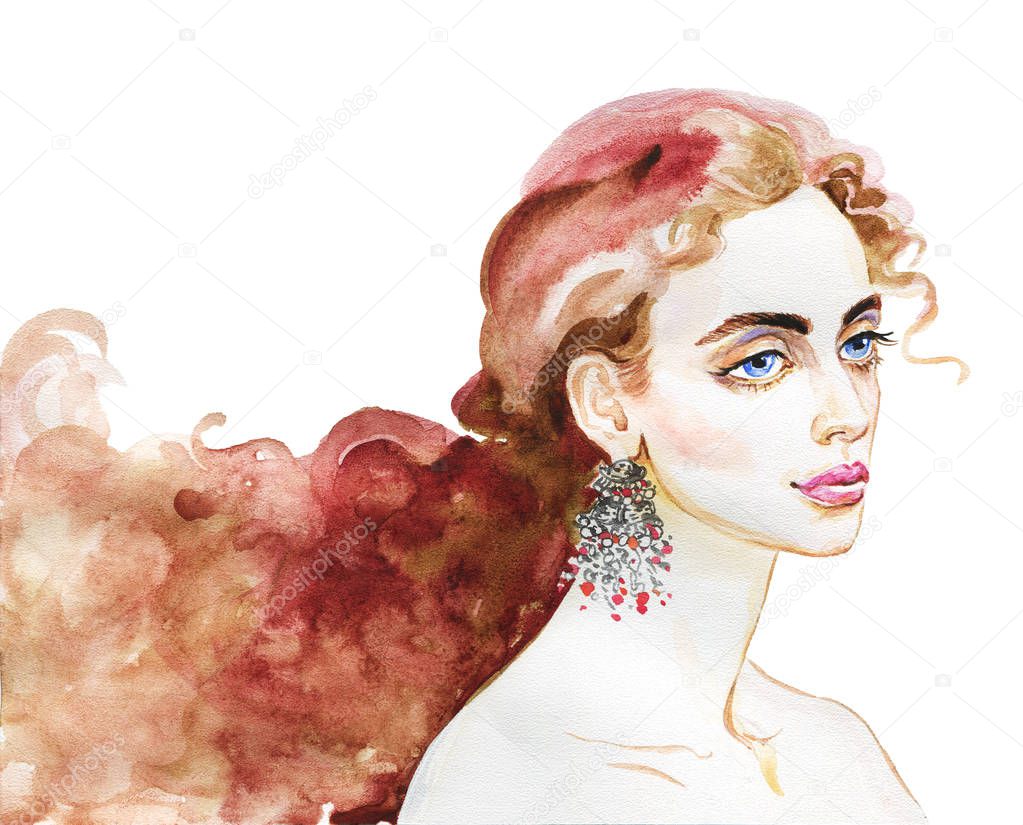 Watercolor beauty young woman. Hand drawn portrait of girl. Painting fashion illustration on white background