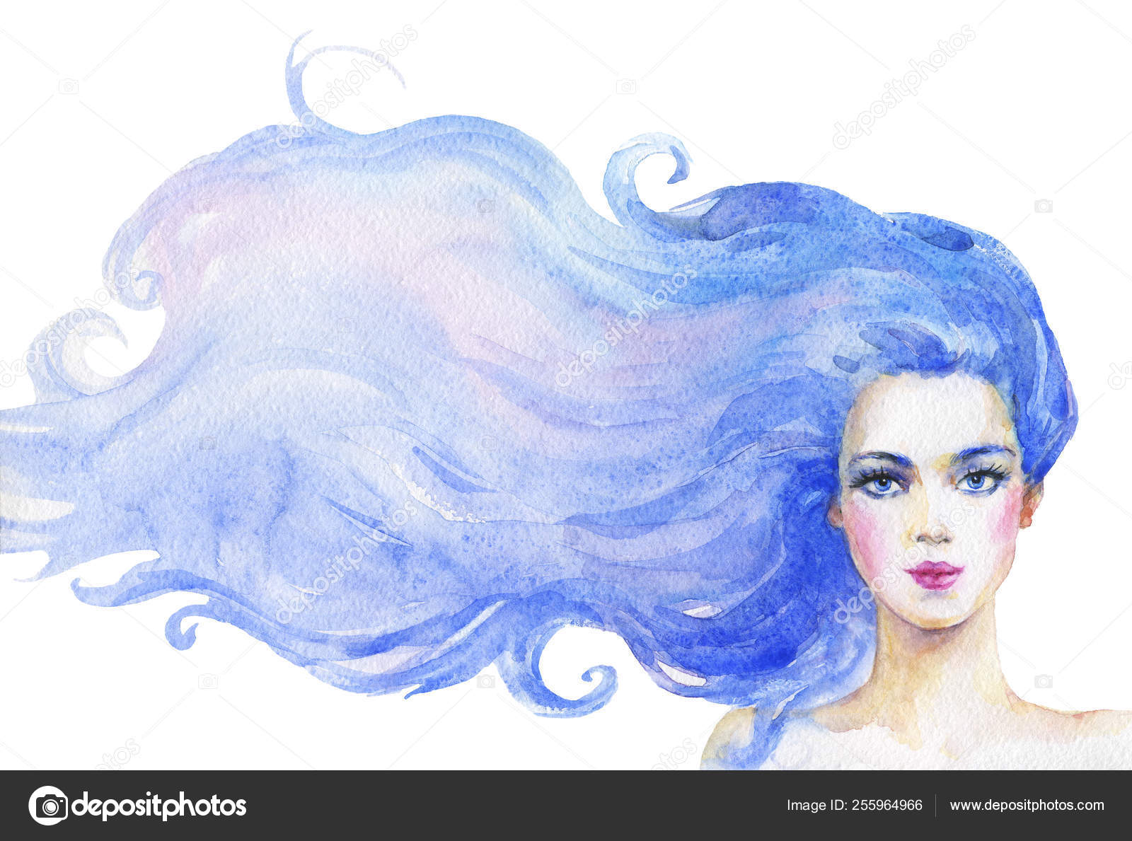 Uma ilustração em aquarela de uma garota com cabelo azul e uma