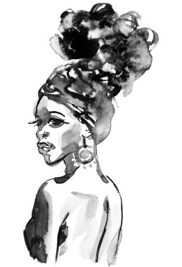 Suluboya güzellik Afrikalı kadın. Boyama tek renkli moda Illustration. Türban ile güzel kız el çizilmiş portre